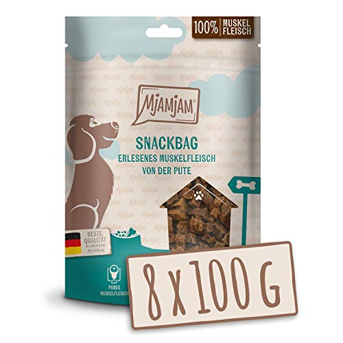 MjAMjAM - Premium Hundesnack - Snackbag erlesenes Muskelfleisch von der Pute, getreidefrei, Monoprotein, 8 x 100g