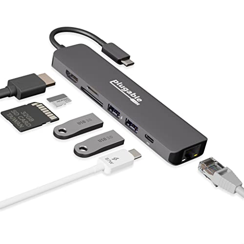 Plugable 7-in-1 USB C Hub Multiport Adapter mit Ethernet – kompatibel mit Mac, Windows, Chromebook, Dell XPS und Thunderbolt 3 (87W Ladung, Gigabit Ethernet, 4K HDMI, 2X USB, SD/microSD)