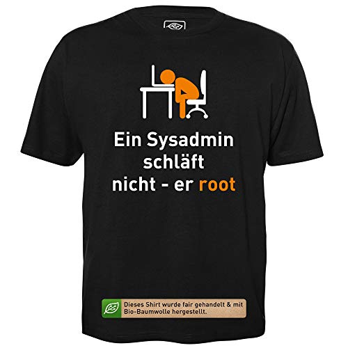 EIN Sysadmin schläft Nicht - Herren T-Shirt für Geeks mit Spruch Motiv aus Bio-Baumwolle Kurzarm Rundhals Ausschnitt, Größe XXL