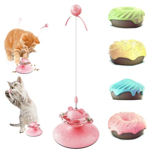 Automatic Cat Feeders Cat Interactive Toys for Indoor Cats Kitten Wand Feather Toy Weight Loss Kitty Funny Catnip Balls Pet Supplies Birthday Gift Comes with 4 Donuts (Color : Pink+Yellow)