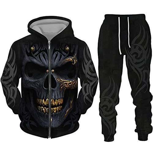 keephen Herren Trainingsanzug Set Horror Totenkopf 3D Bedruckte Reißverschluss Hoodies und Jogginghose Zweiteiliges Set Halloween Streetwear Sweatshirt Set