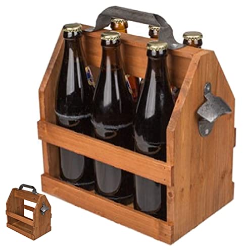 CBK-MS Holz Flaschenhalter Flaschenträger mit Metall Flaschenöffner Retro Bierträger für 6 Flaschen 0,5 L
