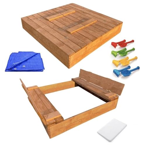 Sandkasten mit Deckel 120x120 Sandbox Imprägniert Sandkiste mit Sitzbänken Holz Spielzeug Garten Spielzeug