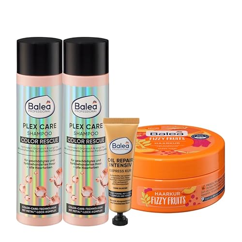 Balea 4er-Set Haarpflege: 2 x Shampoo Plex Care COLOR RESCUE Pflege für geschädigtes farbbehandeltes Haar (2 x 250 ml) + Express Kur OIL REPAIR INTENSIV (20 ml) + Haarkur FIZZY FRUITS (150 ml), 720 ml
