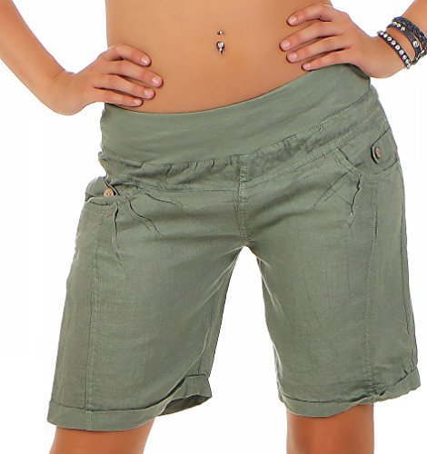 Malito Damen Bermuda aus Leinen | lässige Kurze Hose | Shorts für den Strand | Pants - Hotpants 3001 (Oliv, S)