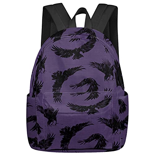 Lässiger Rucksack mit schwarzem Raben, Krähen, Schulbüchertasche, violetter Hintergrund, langlebig, für Reisen, Wandern, Camping, Tagesrucksack