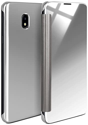 moex Dünne 360° Handyhülle passend für Samsung Galaxy J3 (2017) | Transparent bei eingeschaltetem Display - in Hochglanz Klavierlack Optik, Silber