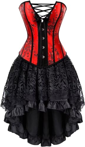 Damen Korsett Kleid Tutu Corsagenkleid Bustier Spitzen Corsage zum schnüren Rock Halloween Burlesque rot 5XL