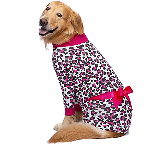 Miaododo Hunde-Pyjama, Leopardenmuster, Schleife, leichter Pullover, Hunde-Einteiler, vollständige Abdeckung, Größe 34, Dunkelrosa