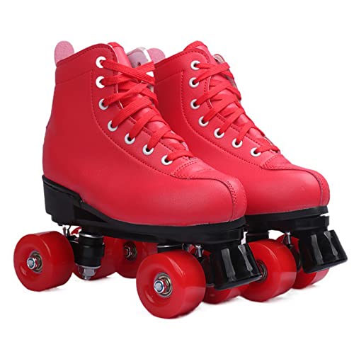 XVBVS Damen Rollschuhe, Fashion Red Zweireihige Skates, Indoor und Outdoor PU Leder High-Top Quad Rollschuhe für Anfänger Erwachsene Kinder Damen Mädchen (42,Rot)