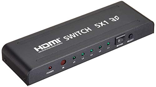 PremiumCord HDMI Umschalter 5:1 mit Fernbedienung und Netzteil, Metallgehäuse, Switch mit LED Status, Video Auflösung Full HD 1080p 60Hz, 3D, HDCP, Farbe schwarz