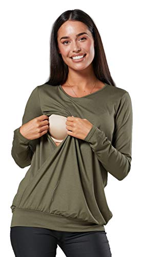 HAPPY MAMA. Damen Umstandsmoden Top Still T-Shirt Lagendesign Lange Ärmel. 005p (Khaki, 40-42, L)