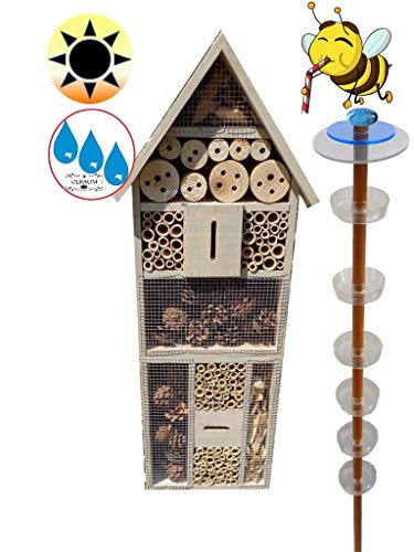 1x Lotus Bienenhotel, Premium Insektenhotel MIT BIENENTRÄNKE,XXL Bienenstock & Bienenfutterstation für Wildbienen, Insekten Überwinterung, grau