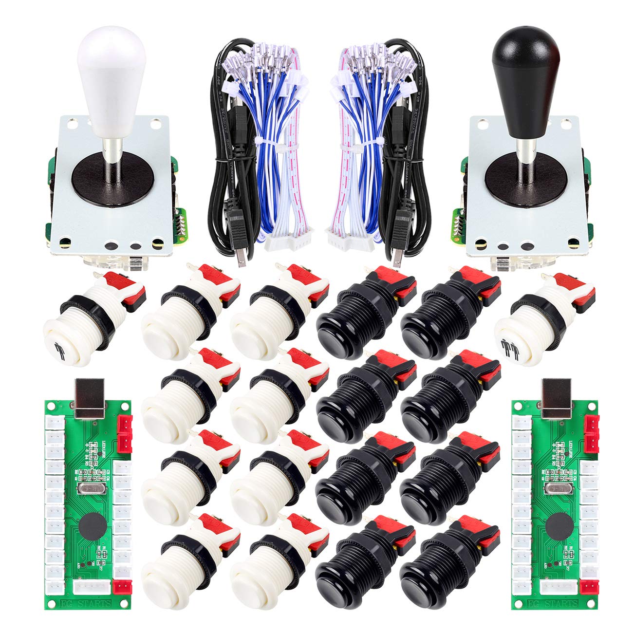 EG STARTS 2 Spieler Arcade Joystick DIY-Teile 2X USB Encoder + 2X Ellipse Oval Joystick Griff + 18x American Style Arcade Buttons für PC, MAME, Raspberry Pi, Windows-System (Schwarz & weiß)