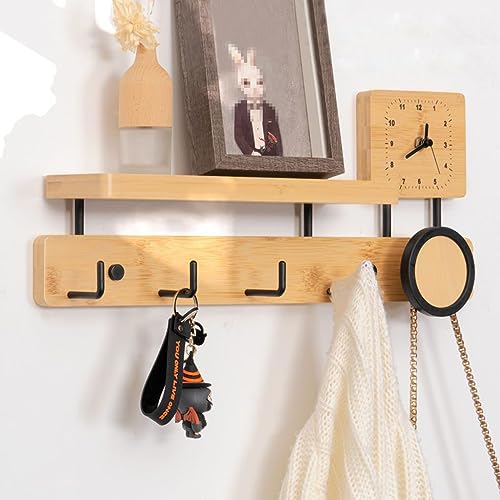 HMAKGG Garderobenleiste Wand mit Ablage & Uhr Holz, Wandgarderobe Bambus Wandregal mit 5 Metall Haken, Garderobenhaken 49,5 cm Kleiderhaken Wand für Flur, Schlafzimmer, Natur & Schwarz