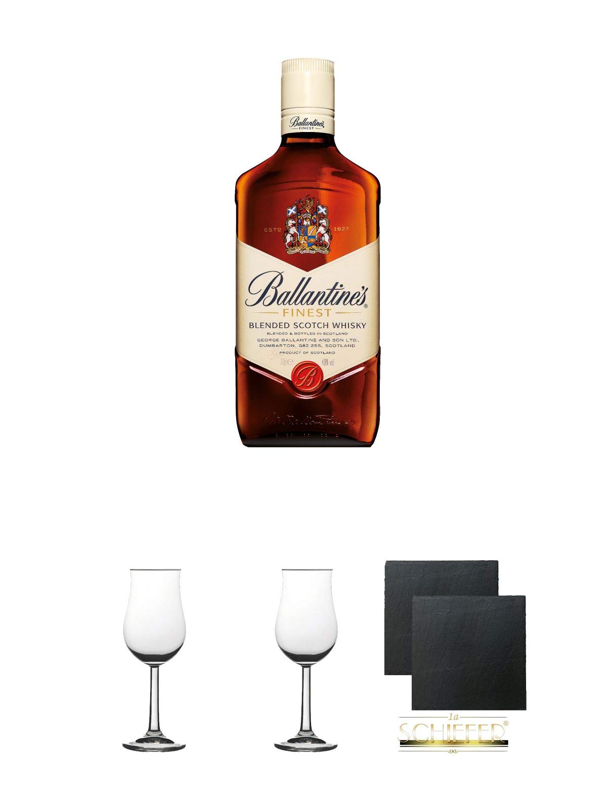 Ballantines Deluxe blended Scotch Whisky 0,7 Liter + 2 Bugatti Nosing Gläser mit Eichstrich 2cl und 4cl + 2 Schiefer Glasuntersetzer eckig ca. 9,5 cm Ø