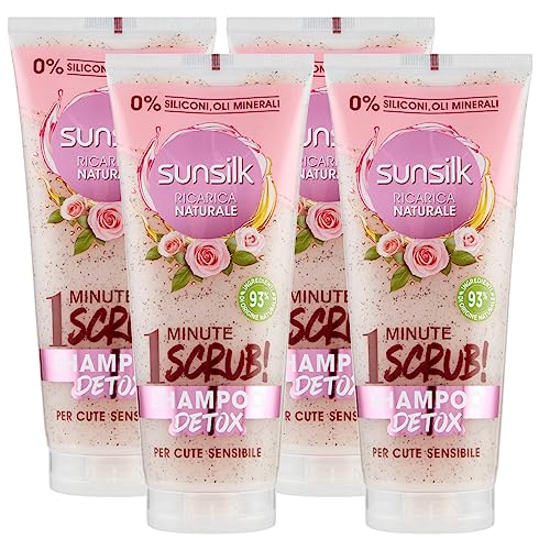 Sunsilk Shampoo Scrub Detox Natürliche Nachfüllung für Haut und empfindliches Haar mit Rosenextrakten Inhaltsstoffe natürlicher Herkunft ohne Silikone – 4 Flaschen à 200 ml