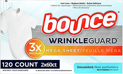 Bounce WrinkleGuard Mega Trocknerblätter, Weichspüler und Faltenlöser, geruchlos, 120 Stück (2 Stück, je 60 Stück) Version 2020
