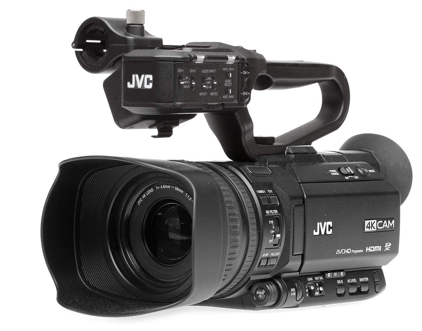 JVC GY-HM250E 4K UHD, 4:2:2 Full HD, IP-Camcorder, 1/2,3" CMOS Sensor, 12.4 MP, Livestreaming, IP-Remote, FTP Filetransfer, grafische Überblendungen, 12-fach opt. Zoom, für SDHC/SDXC-Karten, XLR Audio