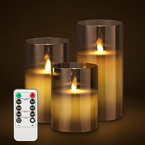 AirCover LED Kerzen, 3er Set LED Flammenlose Kerze mit Fernbedienung & Timerfunktion, 10cm, 12,5cm,15cm Hoch Batteriebetriebene Wachslicht, Realistisch Flackernde Licht Graue Glas Deko Kerzenlicht