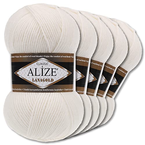 Alize 5 x 100 g Lanagold Wolle | 53 Auswahl | Stricken Häkeln Wolle (450 | Perlweiß)