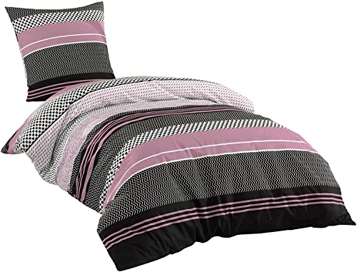 Sentidos Bettwäsche-Set 3-teilig Renforcé Baumwolle 200 x 220 cm cm mit Reißverschluss Bett-Bezug, 2 STK. 80x80 cm Kissen-Bezug Bett-Garnitur Rosa schwarz weiß (200x220 cm + 2 STK. 80x80 cm)