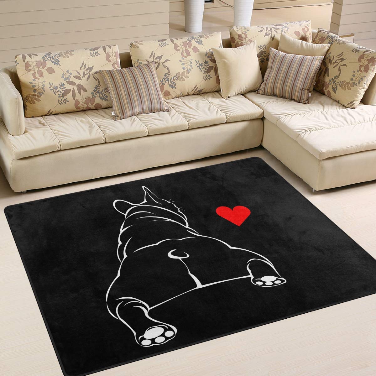 Use7 Teppich mit süßem Bulldogge, Mops, französischer Stil, für Wohnzimmer, Schlafzimmer, 160 cm x 122 cm, Schwarz