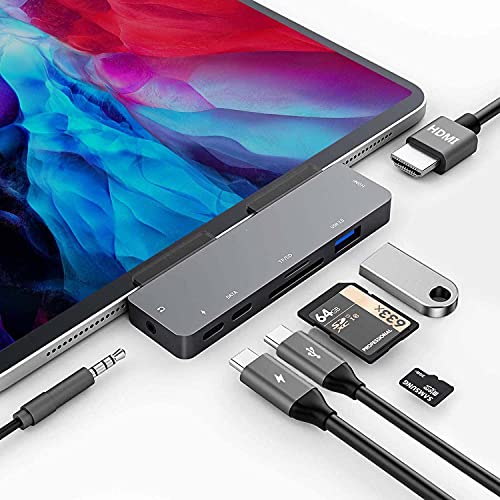 DOOK USB C Hub für IPad Pro/iPad Air, 7 in 1USB C Auf 4K HDMI Adapter mit USB3.0 Anschlüsse, SD/TF Kartenleser, 3,5mm Audio, PD Ladeanschluss, HDMI Konverter für MacBook Pro 2020/2019/2018/2017/2016