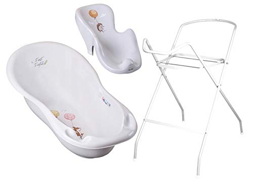 3er Set Baby-Badewanne Set ergonomische Babywanne 86 cm + Ständer Gestell + Badesitz Badewannensitz (grau)