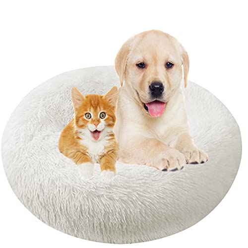 Hundebett, Rund Plüsch Haustierbett Flauschig Waschbares Katzenbett mit Reißverschluss Warme Donut Hundekissen für Haustiere- White|| Ø 60cm/24in