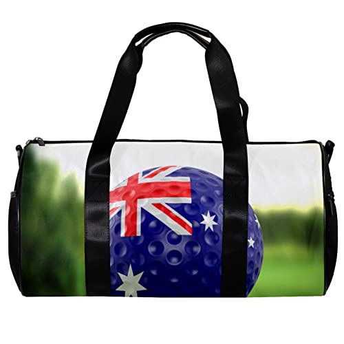 Runde Gym Sport Duffel Tasche mit abnehmbarem Schultergurt Golfball Australien Flagge auf einem Golfplatz Training Handtasche Übernachtungstasche für Damen und Herren, mehrfarbig, 45x23x23cm/17.7x9x9in