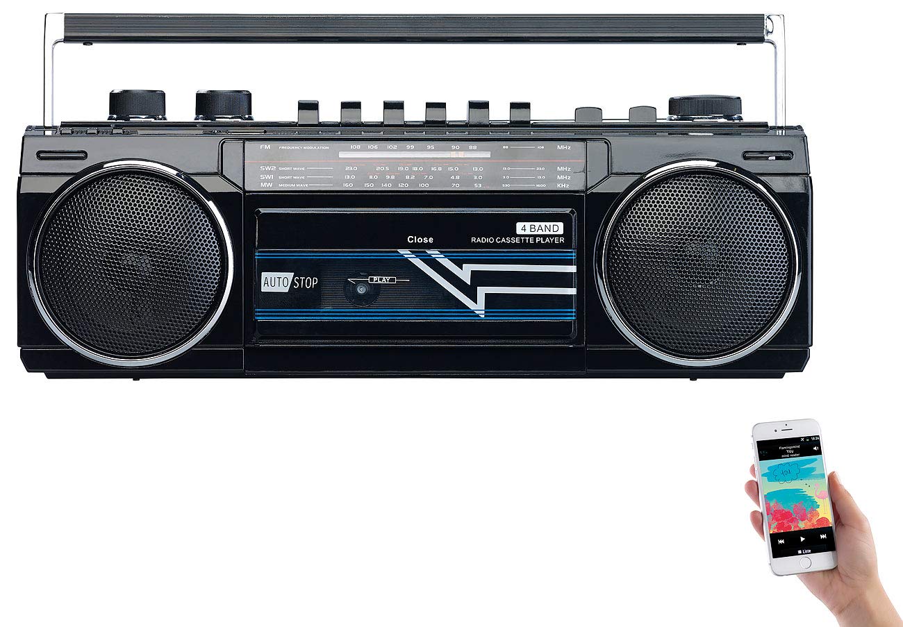 auvisio Retro Kassettenrecorder: Retro-Boombox mit Kassetten-Player, Radio, USB, SD & Bluetooth, 8 Watt (Radiokassettenrecorder, Kassettenrecorder 90er, Speicherkarten)