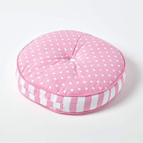 Homescapes Kinder Sitzkissen rund 100% Baumwolle mit Polyester Füllung weiß und rosa Tupfen Ø 43 cm