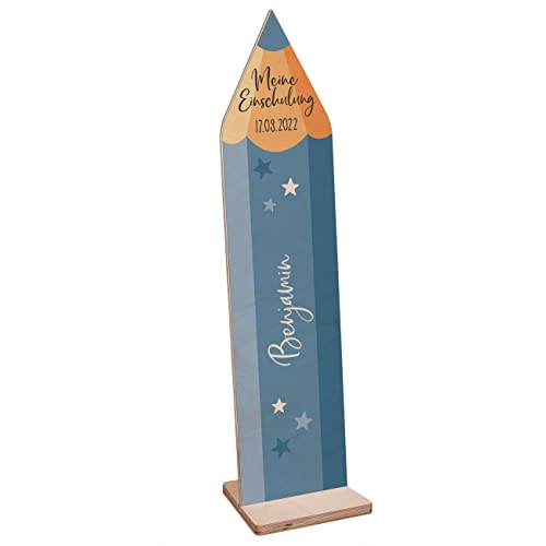 Striefchen® Einschulung Dekoration Holz Aufsteller Stift personalisiert Blau mit Sternen