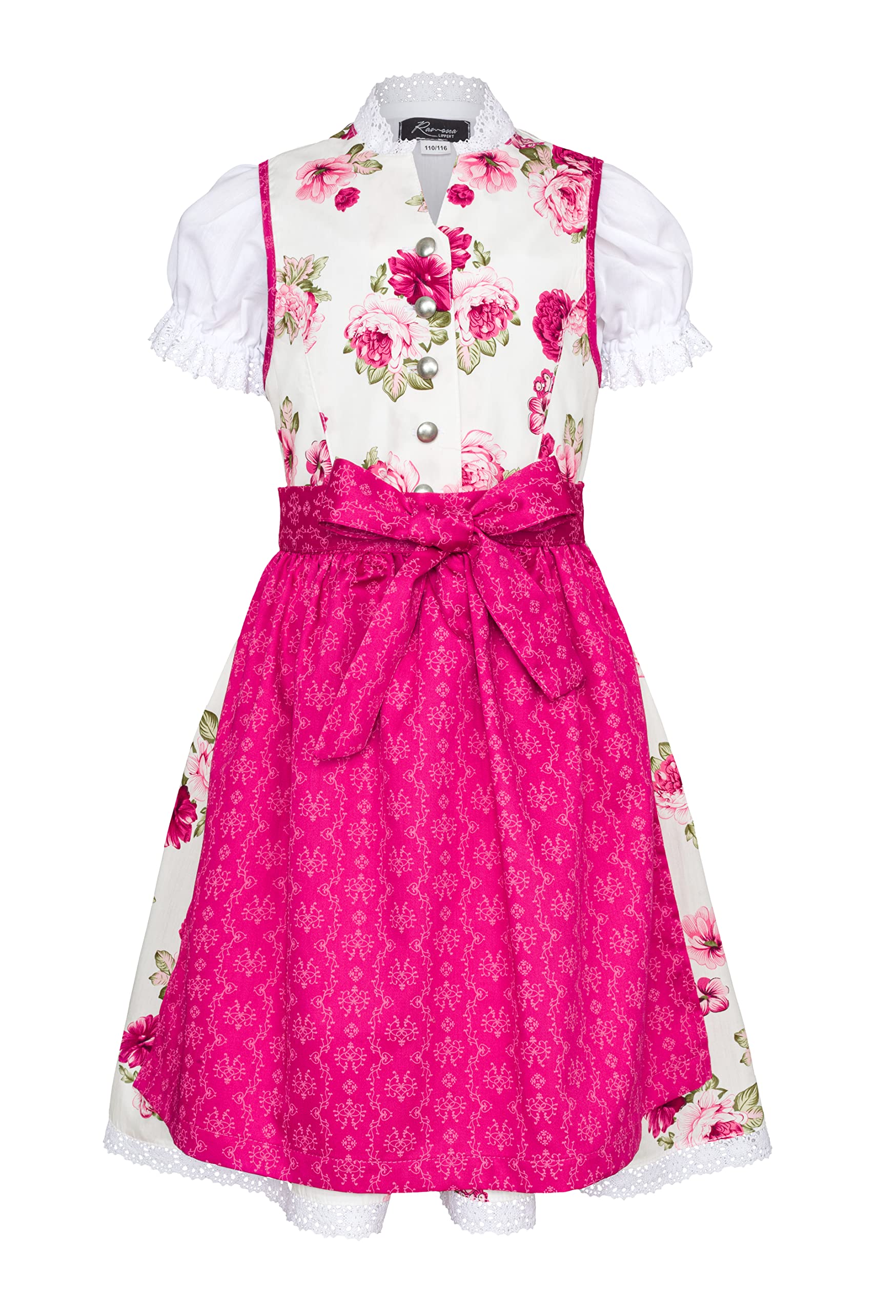 Ramona Lippert® - Kinder Dirndl Für Mädchen - Dirndl Set Tami - Pink + Weiß mit Rosen Bedruckt - Inkl. Kleid, Schürze & Bluse - Festliche Tracht - Größe 86 bis 164 (134/140)