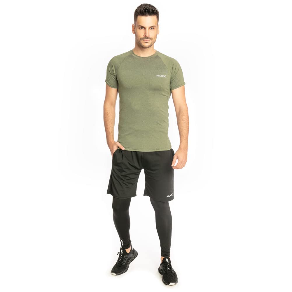 JELEX Sportinator Herren 3-teiliges Fitness-Set bestehend aus Shirt, Leggings und Shorts, für alle Sport- und Fitnessaktivitäten. In den Größen S bis XXL, in Blau, Rot oder Grün (Grün, L)