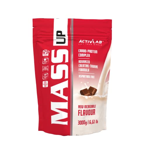 Activlab MASS UP 3kg Hochkalorisches Weight Gainer Protein Pulver, Whey Protein, Kreatin und Taurin, Schokolade, baut Muskelmasse und Kraft auf, Massive Mass Gainer, Strength, enthält ein Maß