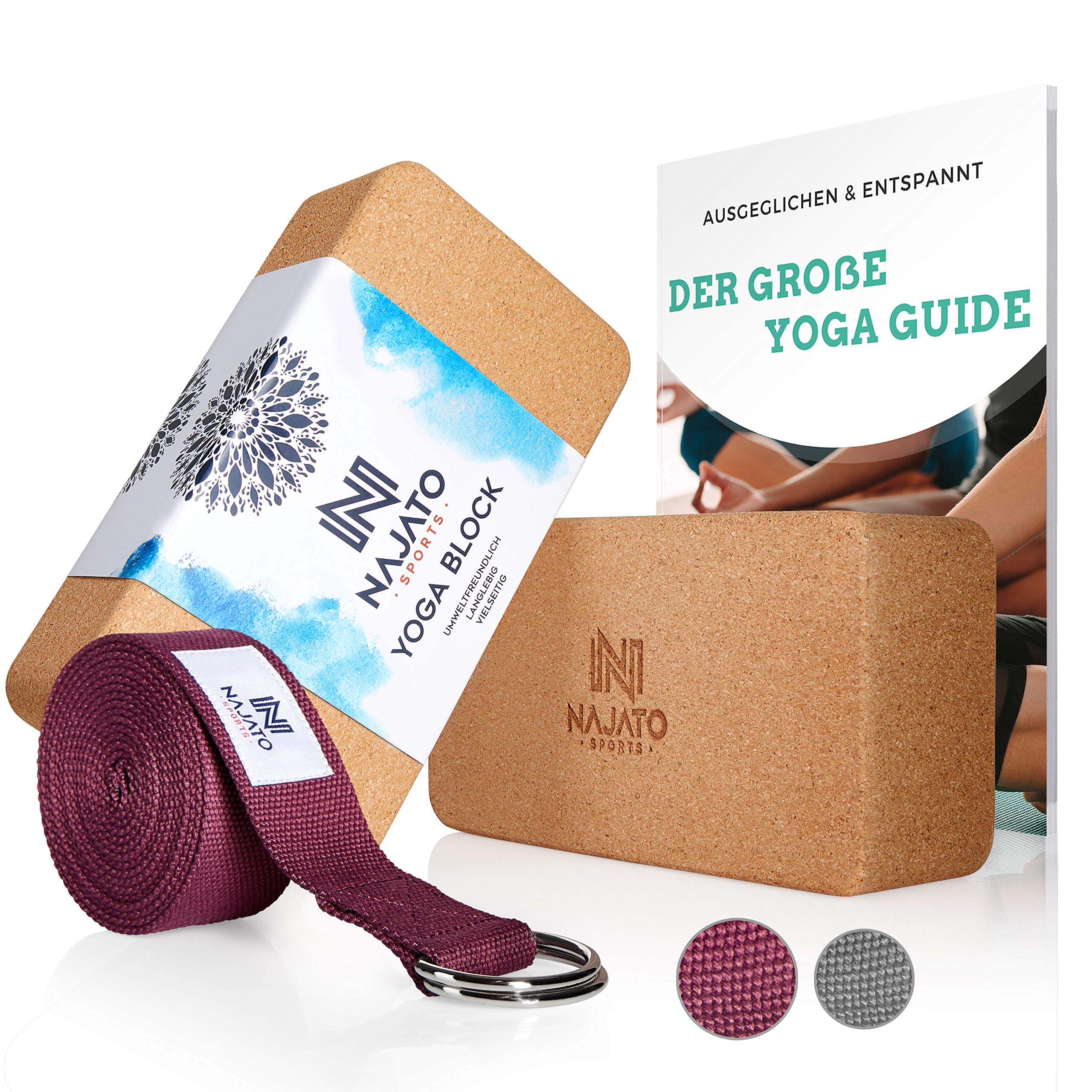 NAJATO Sports Yoga Block Kork 2er Set – Wahlweise mit Yoga Gurt – Yoga Klotz inkl. E-Book (PDF Datei) – Yogaklotz für Yoga und Pilates – Yogablock aus natürlichem Kork