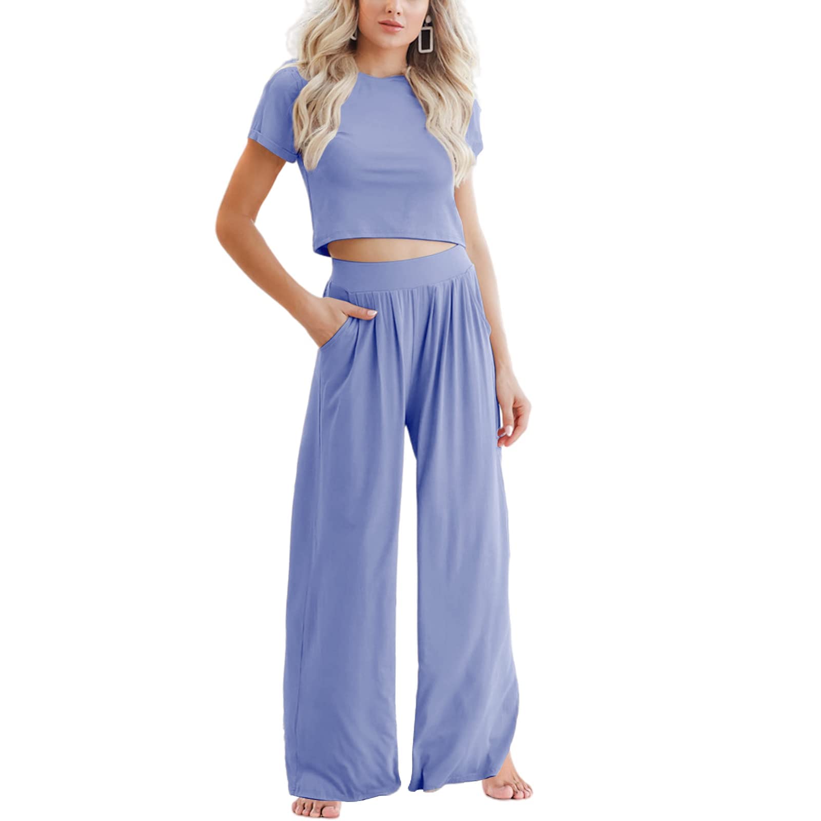2 Piece Summer Outfits Women, Women's Casual Summer 2 Piece Outfits Short Sleeve Crop Top and Pocketed Wide Leg Pants, Suitable for Daily Wear, Party, Date, Club, Work, Beach (Blue,M)