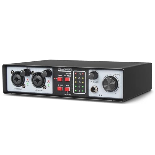 DINESA 2 in 2 Out USB Audio Interface 32Bit/384KHZ Studio Kit Recording Sound Card 48V Phantom