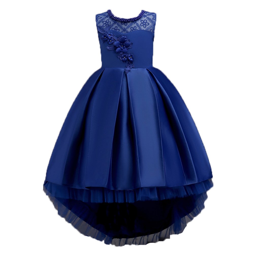 Wulide Kinder Mädchen Abendkleid Prinzessin Kleid Festkleid mit Blumen, Blau, Gr.122/128(Herstellgröße:130)