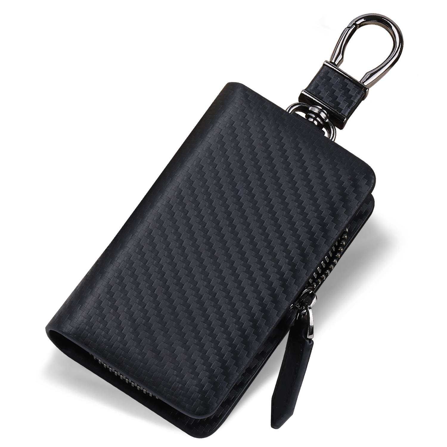 VISOUL Echt Leder Autoschlüssel Abdeckung Schlüsseltasche Hülle-Anhänger Antik Vintage Schwarz Karabienerhacken Tasche Reißverschluss C02