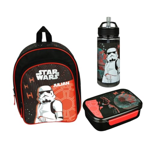 Kindergartenrucksack Star Wars Junge mit Brotzeitdose Trinkflasche - Personalisiert mit Name - Set Kinderrucksack mit Brotdose Trinkbecher