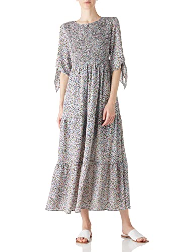 Amazon Brand find. Damen-Sommerkleid mit eleganten halben Ärmeln zum selbstbinden, Blumenmuster, Maxikleider, Marineblau, Größe L