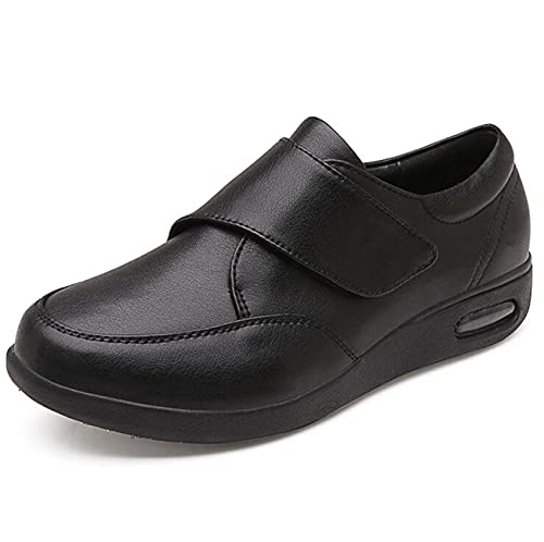 ZKK Gesundheits-Schuh elastisch bequem,Freie Lederschuhe mit Klettverschluss, rutschfeste und Dicke ältere Schuhe,Einstellbare Bequeme Diabetes Schuh,Black-39