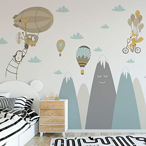Wandaufkleber, selbstklebend, für Kinder, Riesen-Dekoration, skandinavische Berge für Kinderzimmer, Baby/fliegende Tiere, 50 x 90 cm, 1 Stück