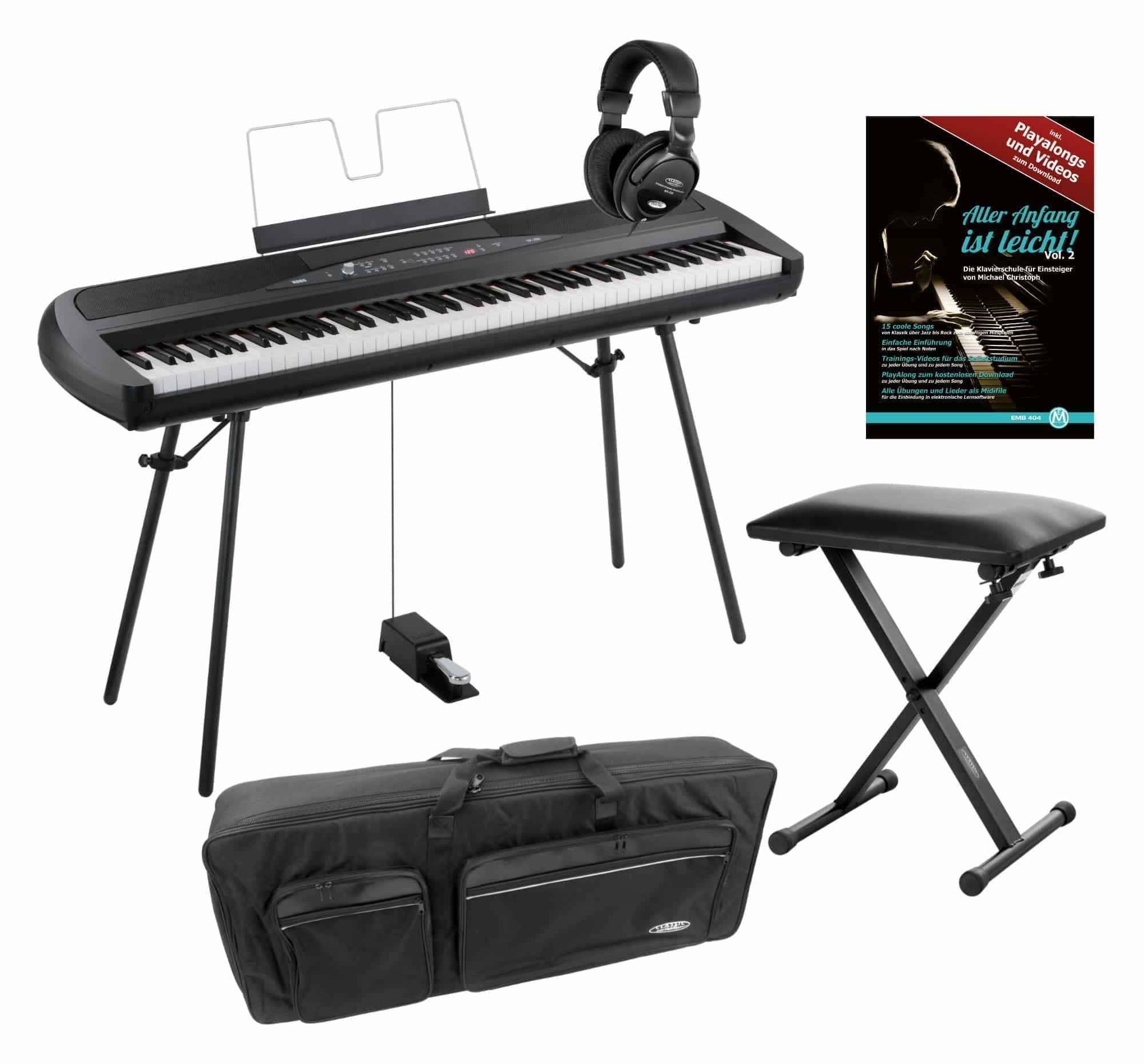 Korg SP-280 BK Portable Piano Set (Digitalpiano mit 88 Tasten, Pedal & Ständer im Starterset inkl. Pianobank, Kopfhörer, Tasche & Klavierschule) Schwarz