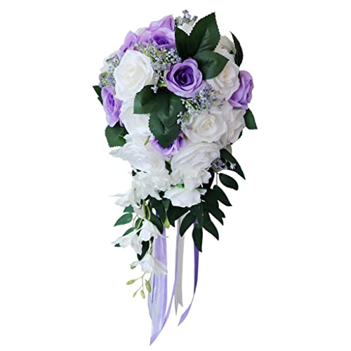 Harilla Realistischer Hochzeits Braut Blumenstrauß Handgebundenes Blumendekor Party Angebot Weiß + Weinrot - Weiß + Lila