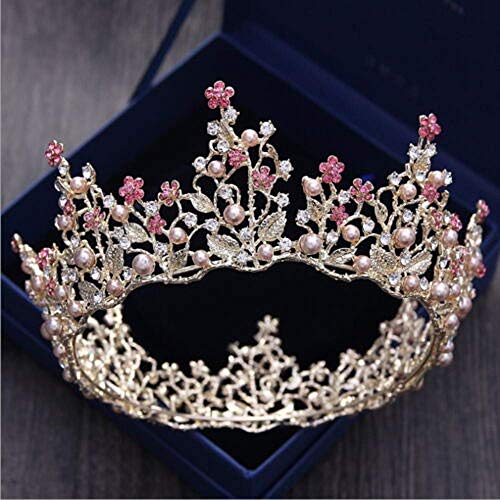 Große Krone mit rosa Perlen und Kristallen, 7 cm hoch, goldfarben, für Hochzeit, Abschlussball, Party, Festzug