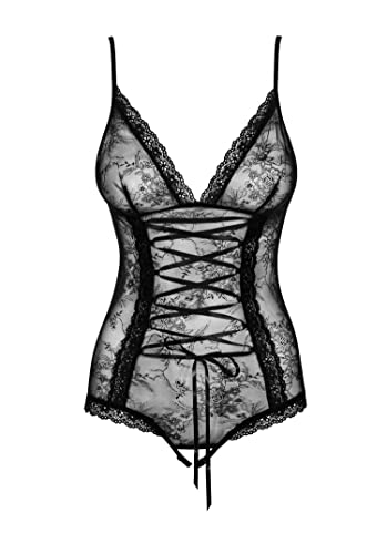 Obsessive schicker figurbetonender Ouvert-Body aus edler Spitze mit Satin-Schnürung, schwarz, Gr. S/M